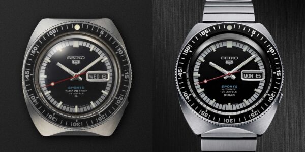The first Seiko 5 Sports watch from 1968 and the new watch which revives the design of the original.
