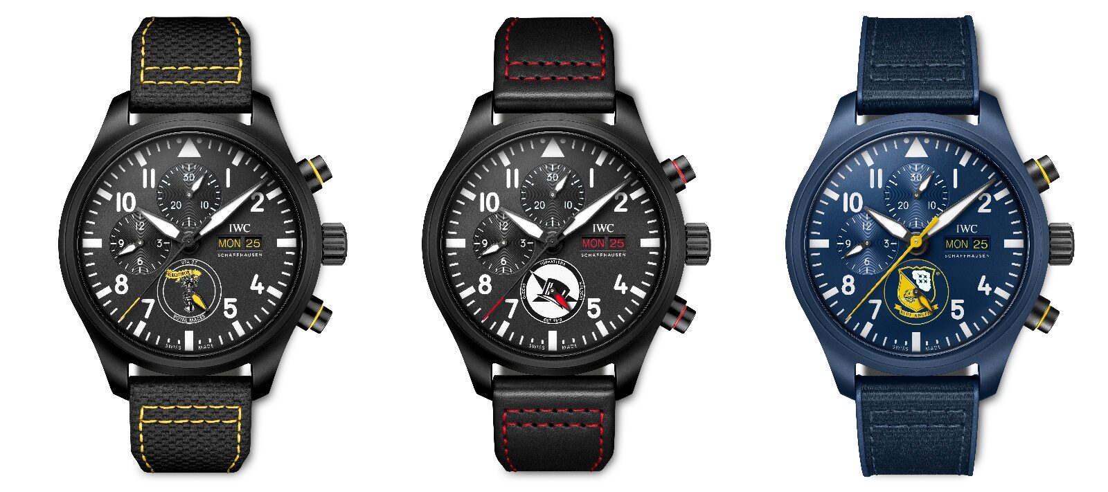The Pilot’s Watches Chronograph Editions “Royal Maces”, “Tophatters”, and “Blue Angels” all feature the respective squadron patch on the dial and eye-catching details in the corresponding unit’s colour scheme