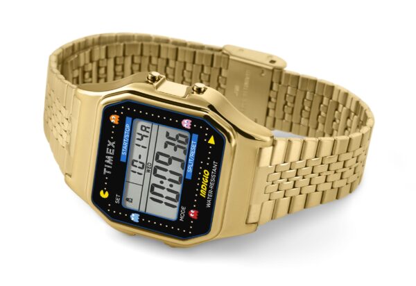 Timex Pac Man T80 2020 gold tone laying on side min